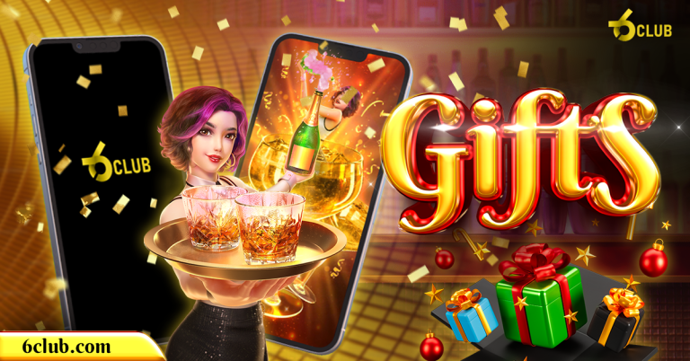 GFT 6 Club gifts promotion featuring a stylish woman holding a tray of drinks, festive gifts, and a luxurious celebratory theme.